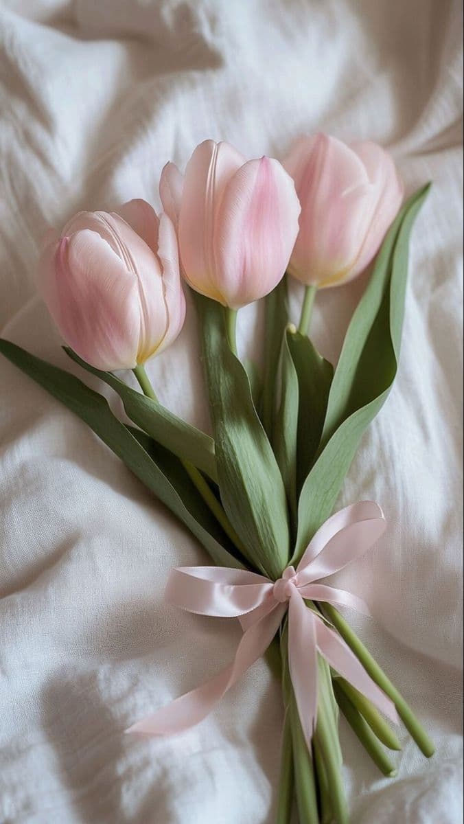 Pequeño ramo de tulipanes rosados sobre fondo claro